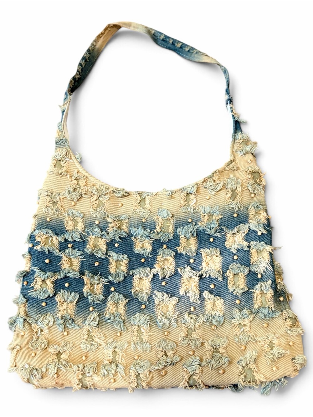Vintage Y2K Distressed Denim Hobo Shoulder Bag Pearl